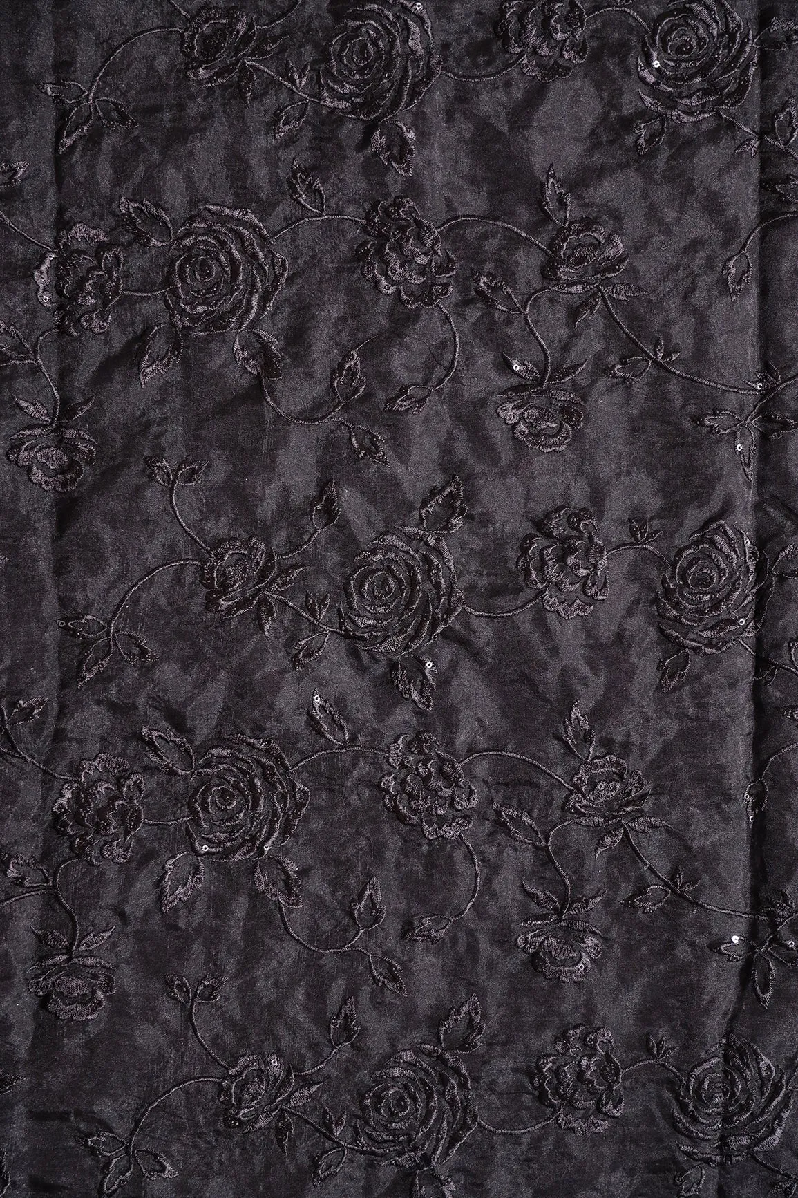 Beautiful Water Sequins With Thread Floral Embroidery On Black Organza Fabric