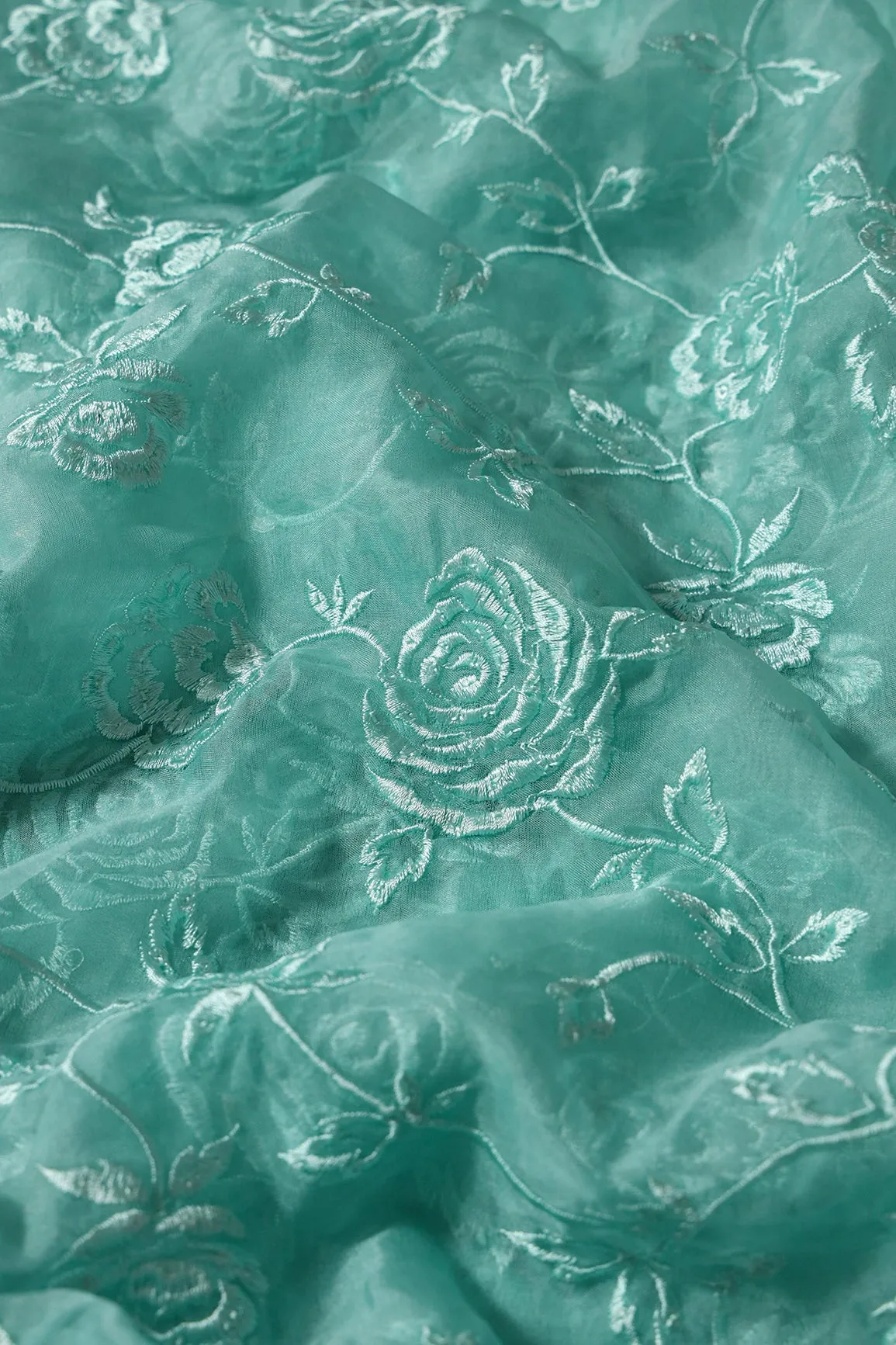 Beautiful Water Sequins With Thread Floral Embroidery On Teal Organza Fabric