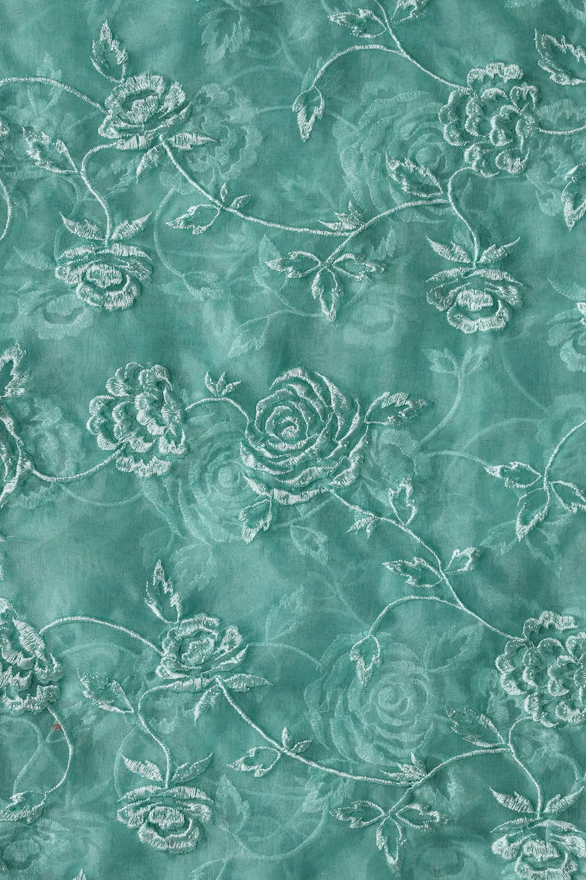 Beautiful Water Sequins With Thread Floral Embroidery On Teal Organza Fabric