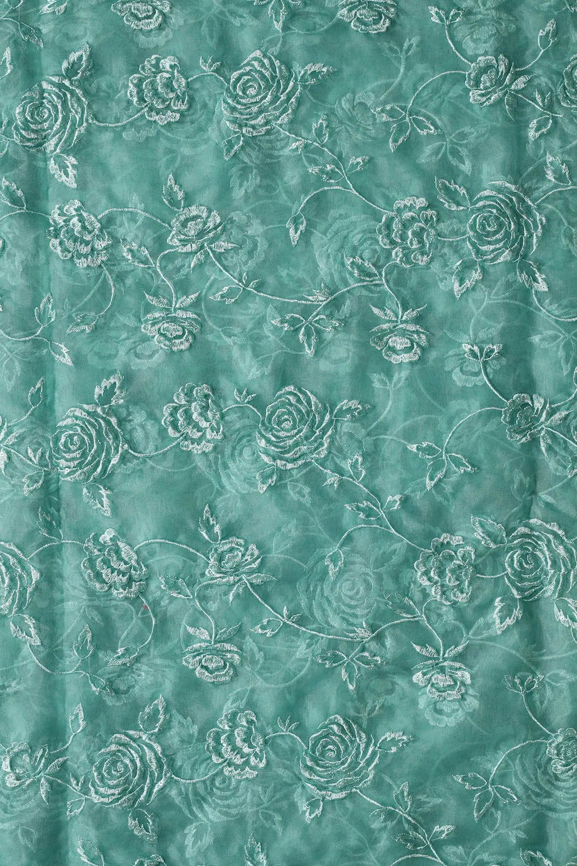 Beautiful Water Sequins With Thread Floral Embroidery On Teal Organza Fabric