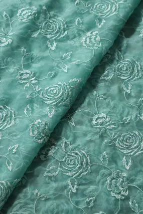 Beautiful Water Sequins With Thread Floral Embroidery On Teal Organza Fabric