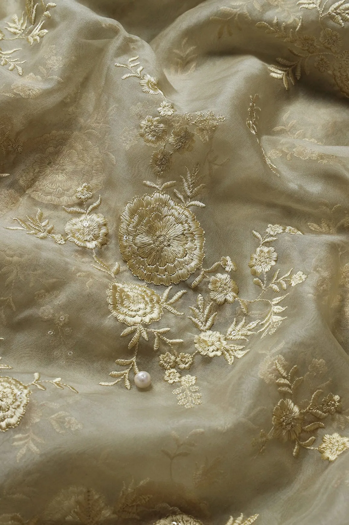 Beige Thread With Water Sequins Floral Embroidery Work On Beige Organza Fabric