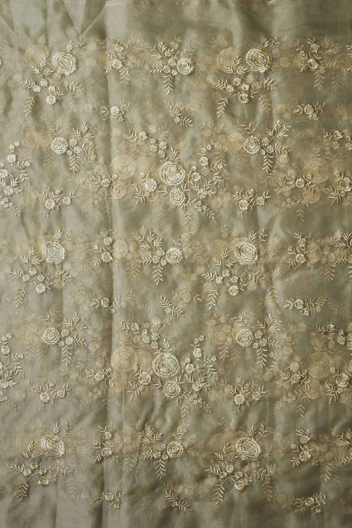 Beige Thread With Water Sequins Floral Embroidery Work On Beige Organza Fabric