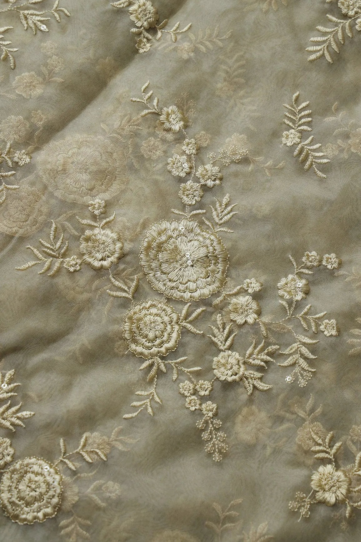 Beige Thread With Water Sequins Floral Embroidery Work On Beige Organza Fabric