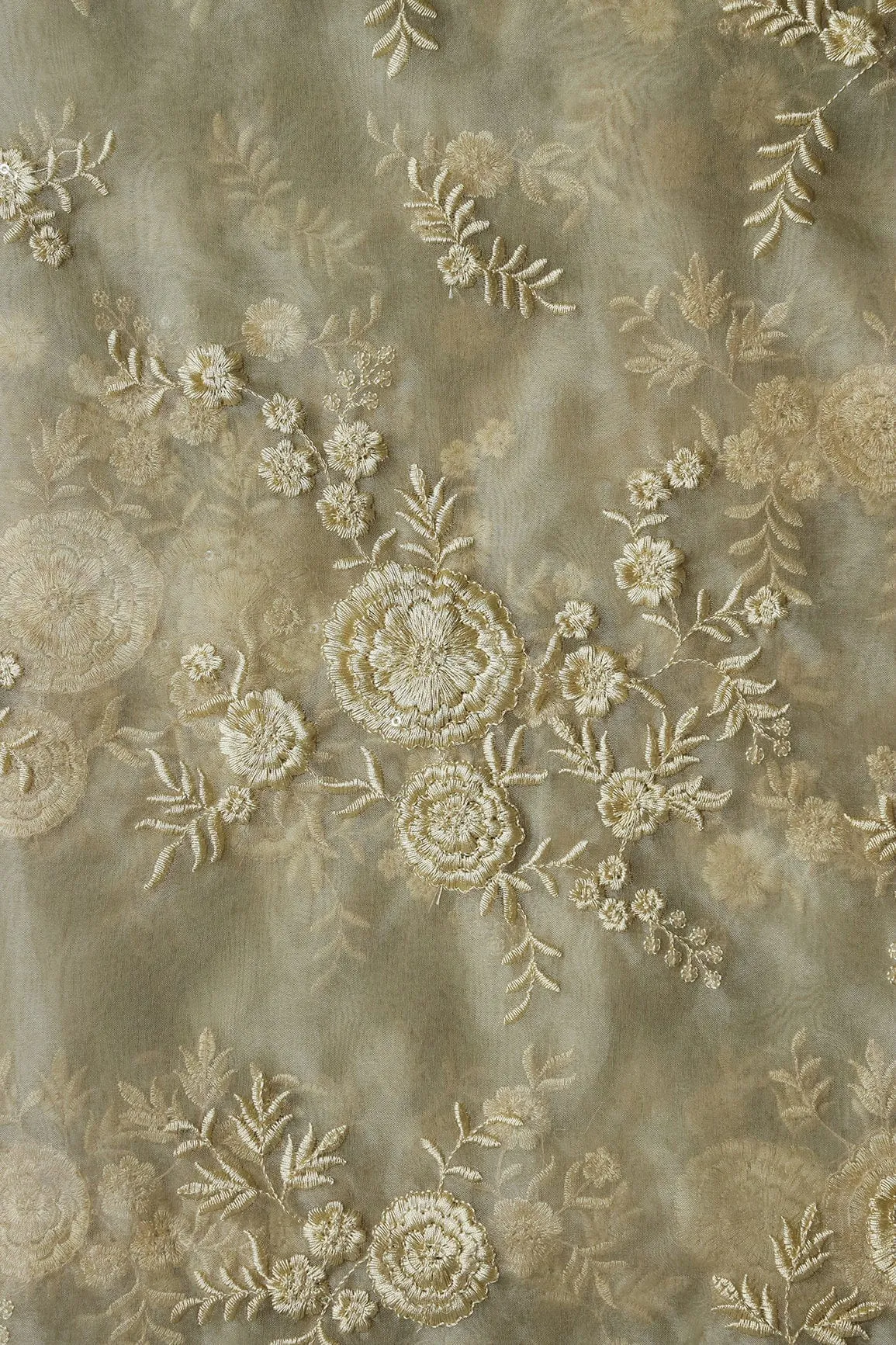 Beige Thread With Water Sequins Floral Embroidery Work On Beige Organza Fabric