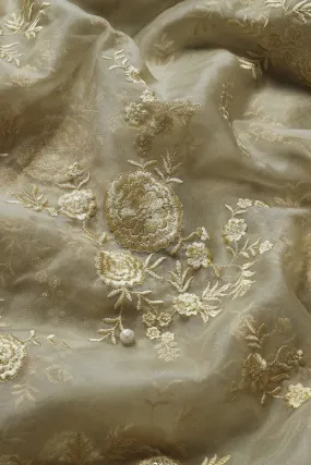 Beige Thread With Water Sequins Floral Embroidery Work On Beige Organza Fabric