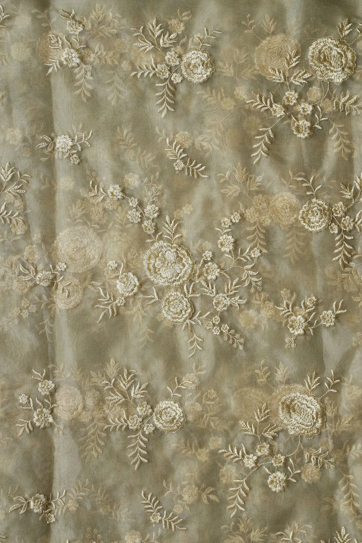 Beige Thread With Water Sequins Floral Embroidery Work On Beige Organza Fabric