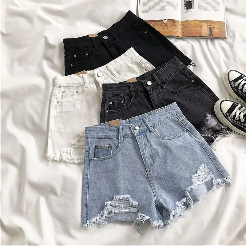 BerryBetty - Casual High Waist Denim Shorts Women Summer  Pocket Tassel Hole Ripped jeans Short Female Femme Short Pants Women