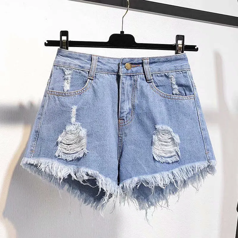 BerryBetty - Casual High Waist Denim Shorts Women Summer  Pocket Tassel Hole Ripped jeans Short Female Femme Short Pants Women