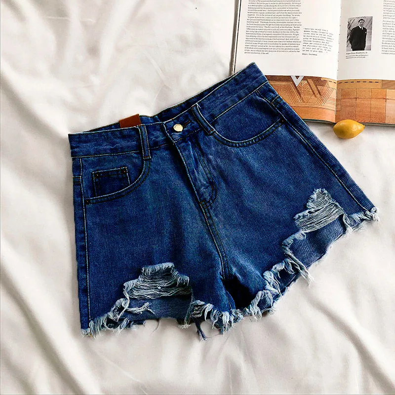 BerryBetty - Casual High Waist Denim Shorts Women Summer  Pocket Tassel Hole Ripped jeans Short Female Femme Short Pants Women