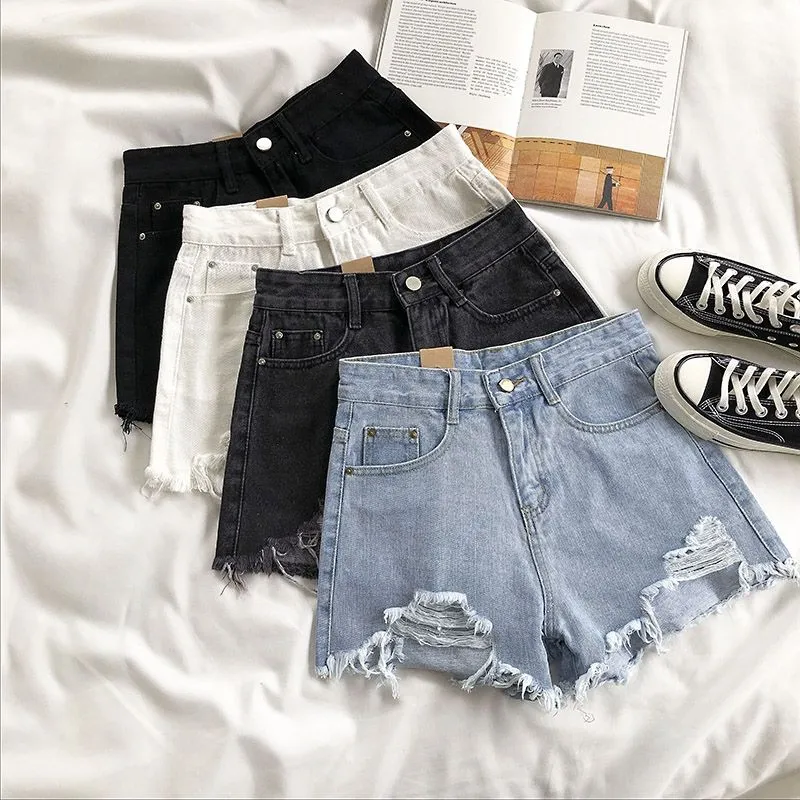 BerryBetty - Casual High Waist Denim Shorts Women Summer  Pocket Tassel Hole Ripped jeans Short Female Femme Short Pants Women