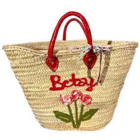 Big Embroidered Bag / Basket / French Market Basket / Straw Basket - red