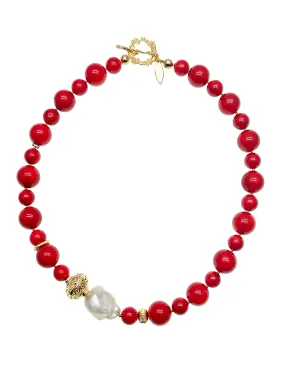 Big Red Coral With Baroque Pearl Statement Necklace JN004