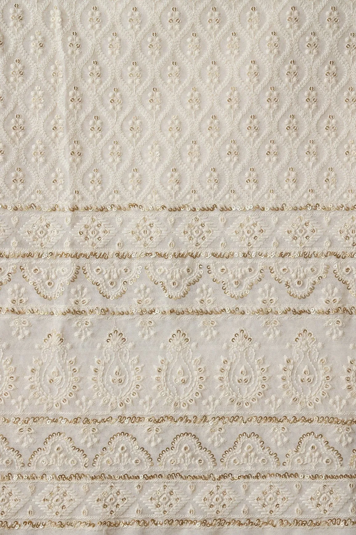 Big Width "52" White Thread With Sequins Ogee Lucknowi  Embroidery On Dyeable Pure Viscose Georgette Fabric With Border