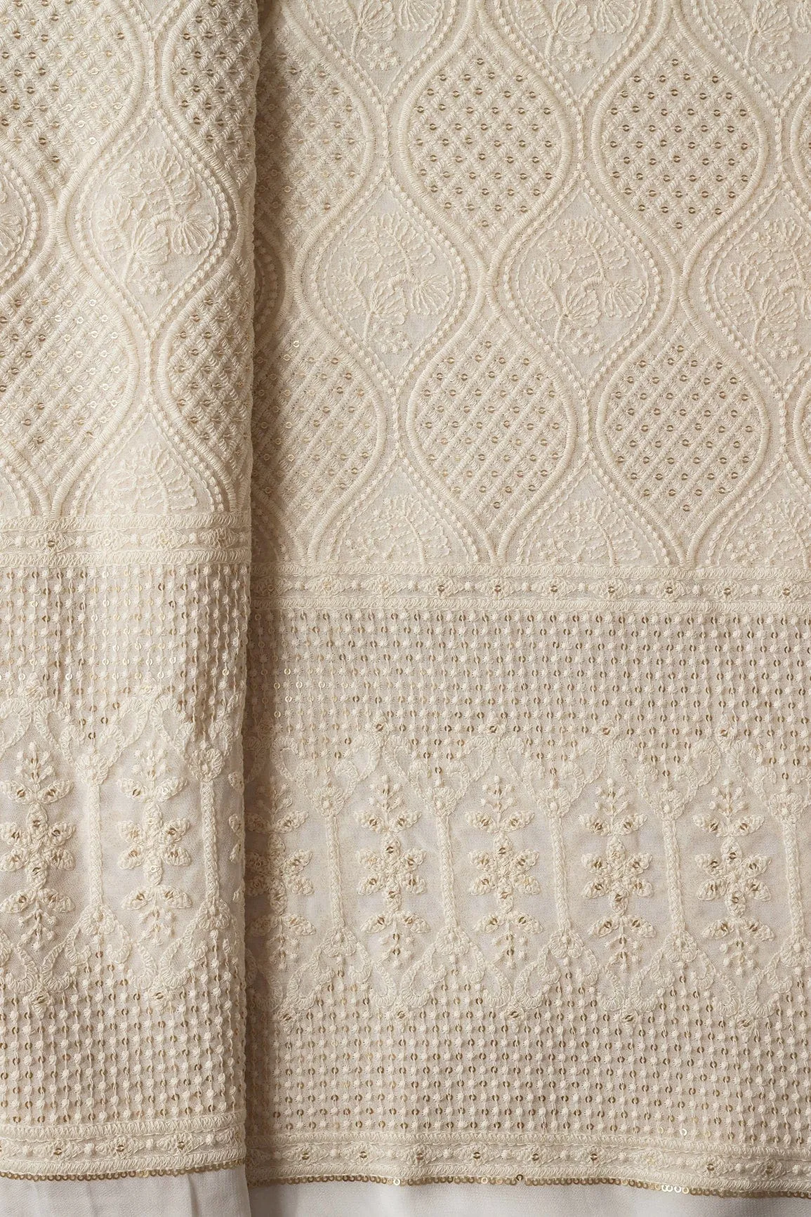 Big Width "52" White Thread With Sequins Ogee Lucknowi Embroidery On Dyeable Pure Viscose Georgette Fabric With Border