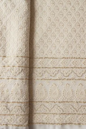 Big Width "52" White Thread With Sequins Ogee Lucknowi  Embroidery On Dyeable Pure Viscose Georgette Fabric With Border