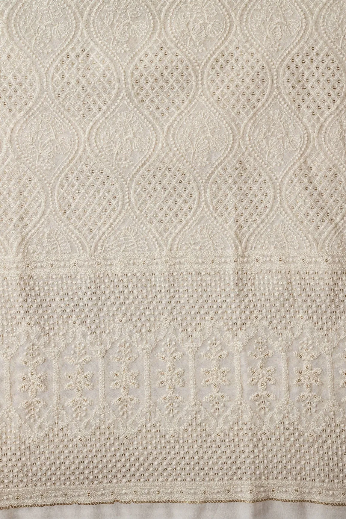 Big Width "52" White Thread With Sequins Ogee Lucknowi Embroidery On Dyeable Pure Viscose Georgette Fabric With Border