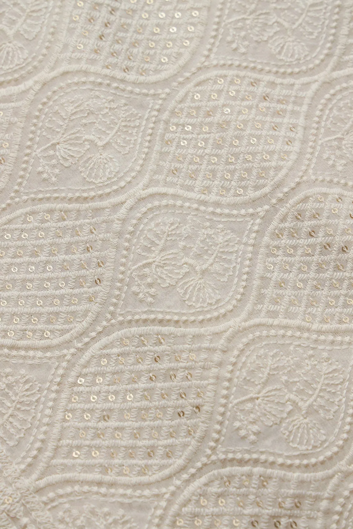 Big Width "52" White Thread With Sequins Ogee Lucknowi Embroidery On Dyeable Pure Viscose Georgette Fabric With Border