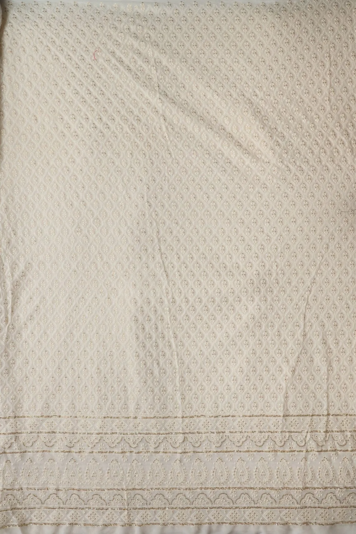 Big Width "52" White Thread With Sequins Ogee Lucknowi  Embroidery On Dyeable Pure Viscose Georgette Fabric With Border