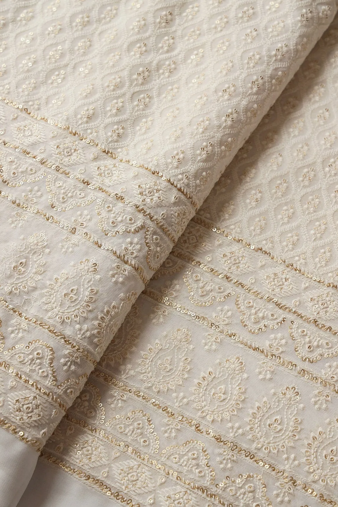 Big Width "52" White Thread With Sequins Ogee Lucknowi  Embroidery On Dyeable Pure Viscose Georgette Fabric With Border