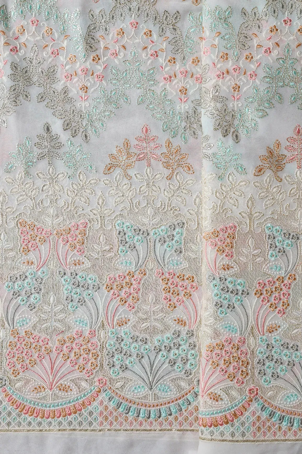 Big Width "56" Multi Color Pastel Thread Floral Embroidery On Dyeable White Viscose Georgette Fabric With Border