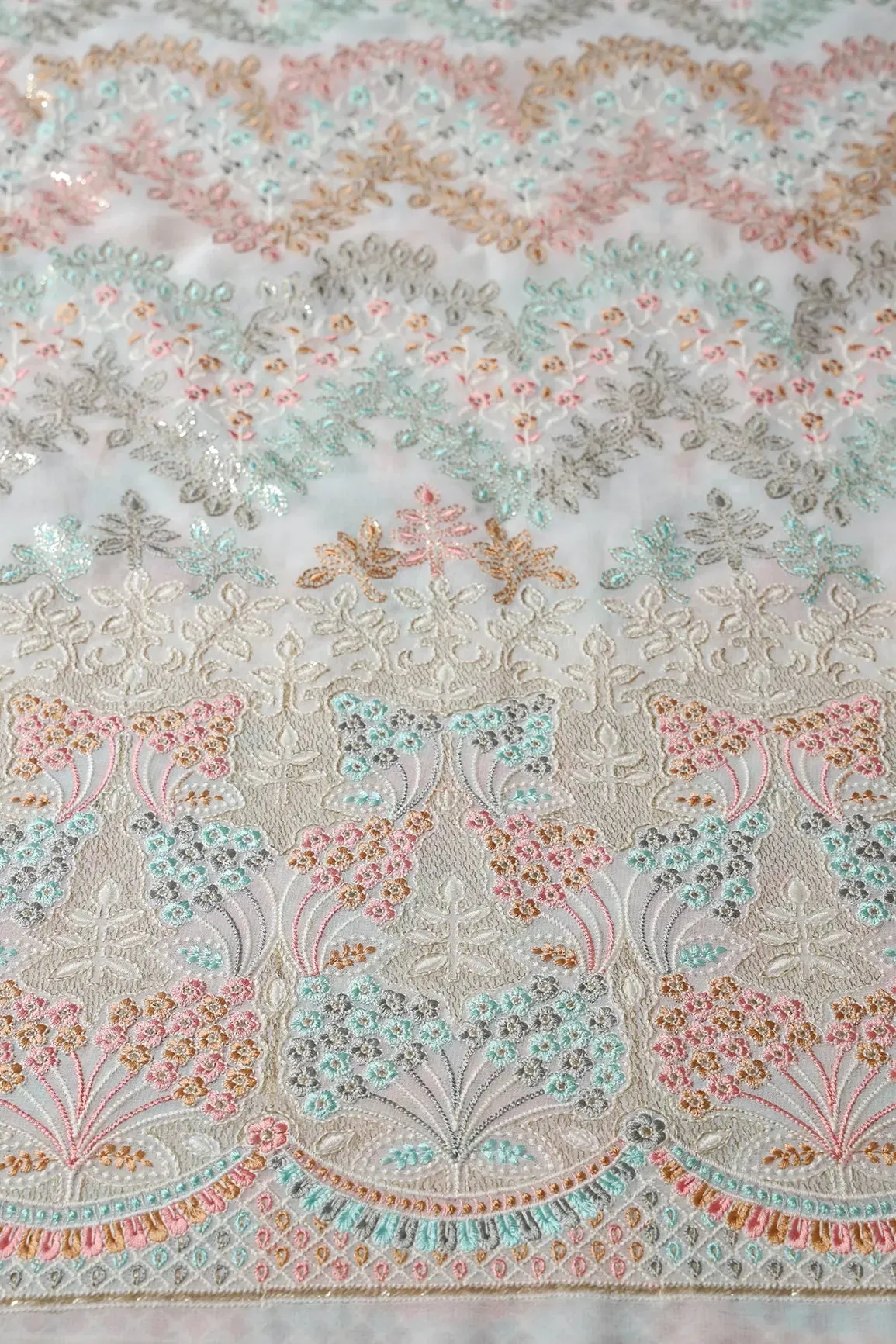 Big Width "56" Multi Color Pastel Thread Floral Embroidery On Dyeable White Viscose Georgette Fabric With Border