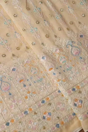 Big Width "56" Multi Sequins With White Thread Traditional Embroidery On Light Beige Viscose Georgette Fabric With Border