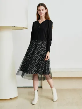 Black Bowknot Mesh Patchwork Double-Layer Dress