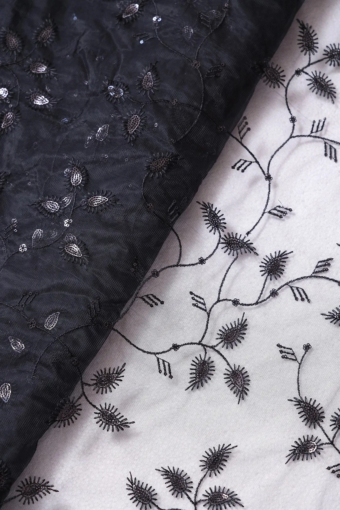 Black Thread With Sequins Beautiful Leafy Embroidery On Black Soft Net Fabric