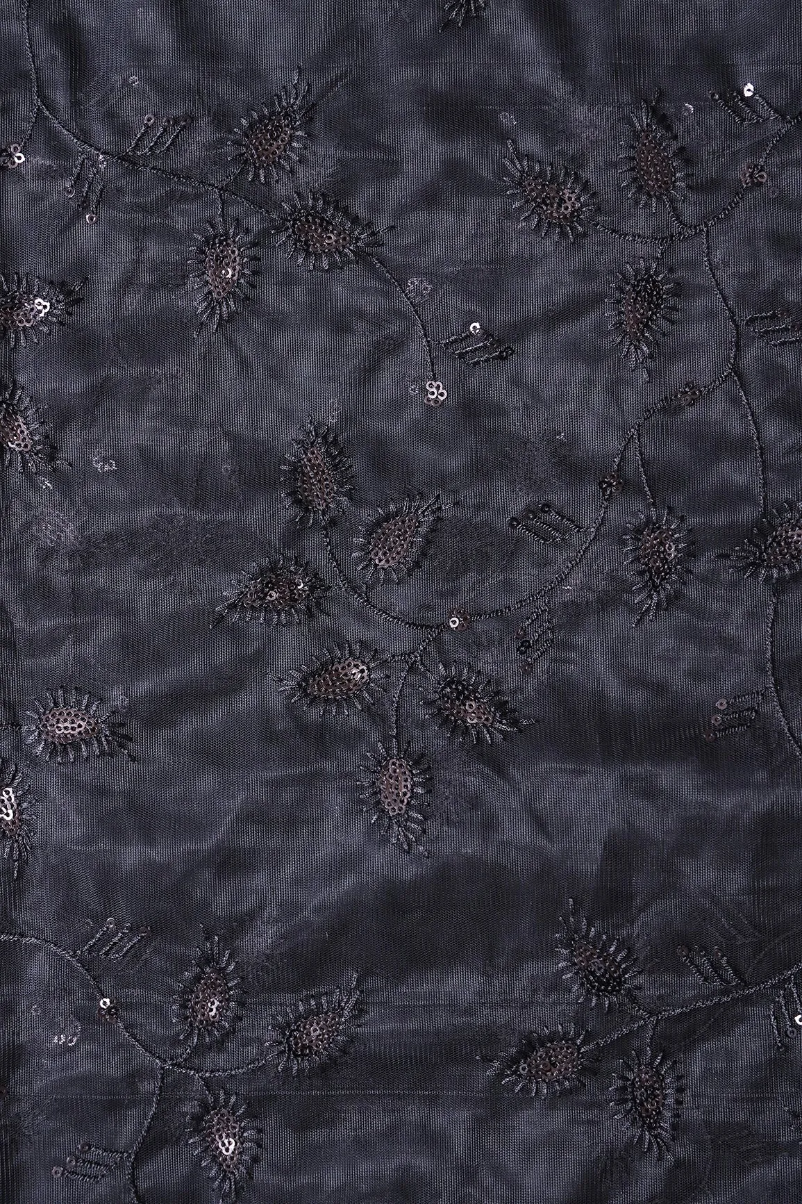 Black Thread With Sequins Beautiful Leafy Embroidery On Black Soft Net Fabric