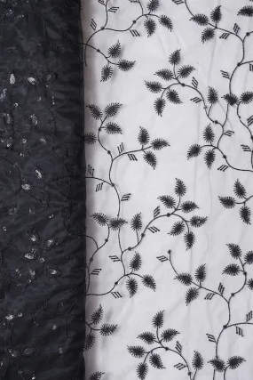 Black Thread With Sequins Beautiful Leafy Embroidery On Black Soft Net Fabric