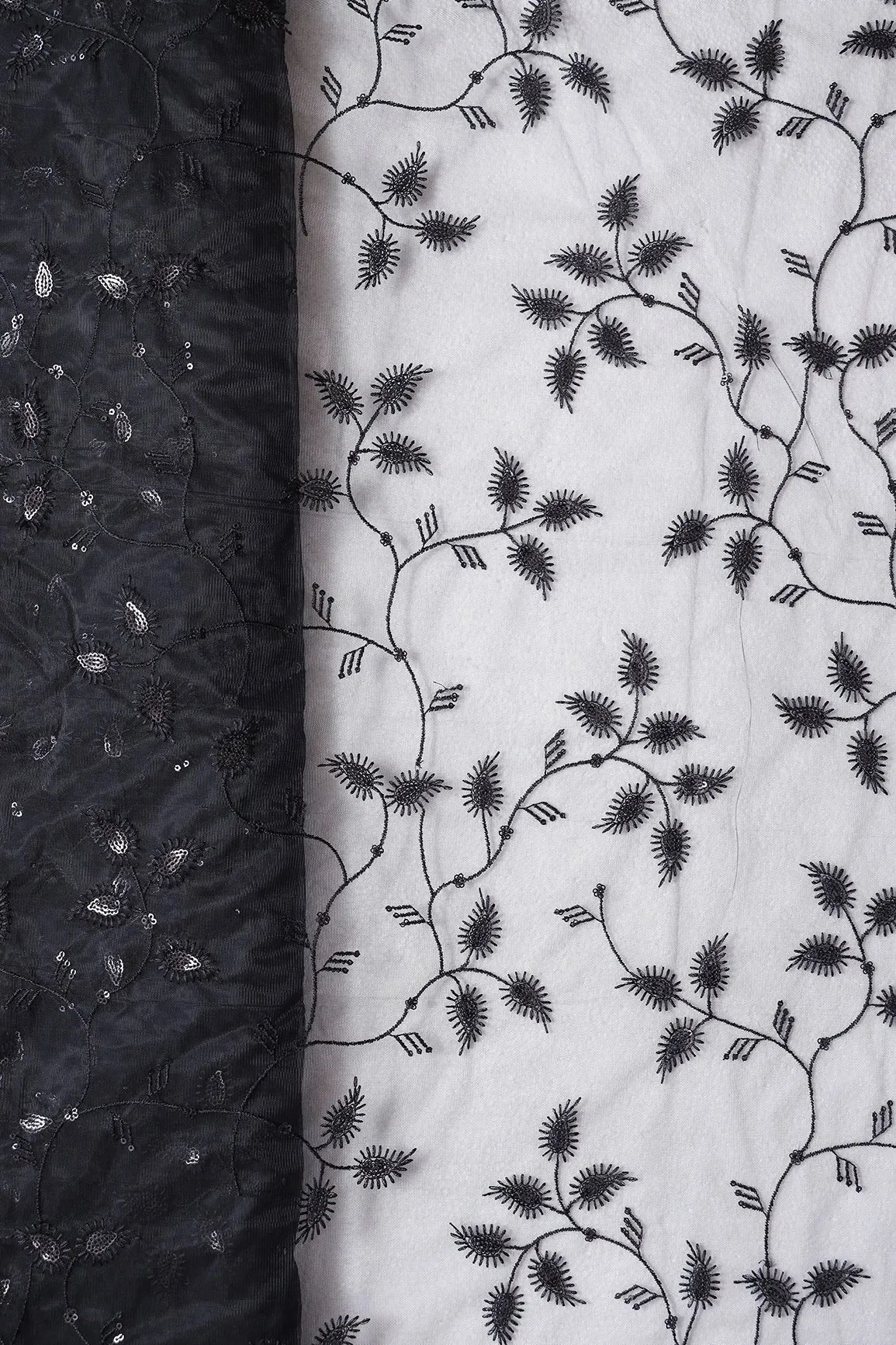 Black Thread With Sequins Beautiful Leafy Embroidery On Black Soft Net Fabric