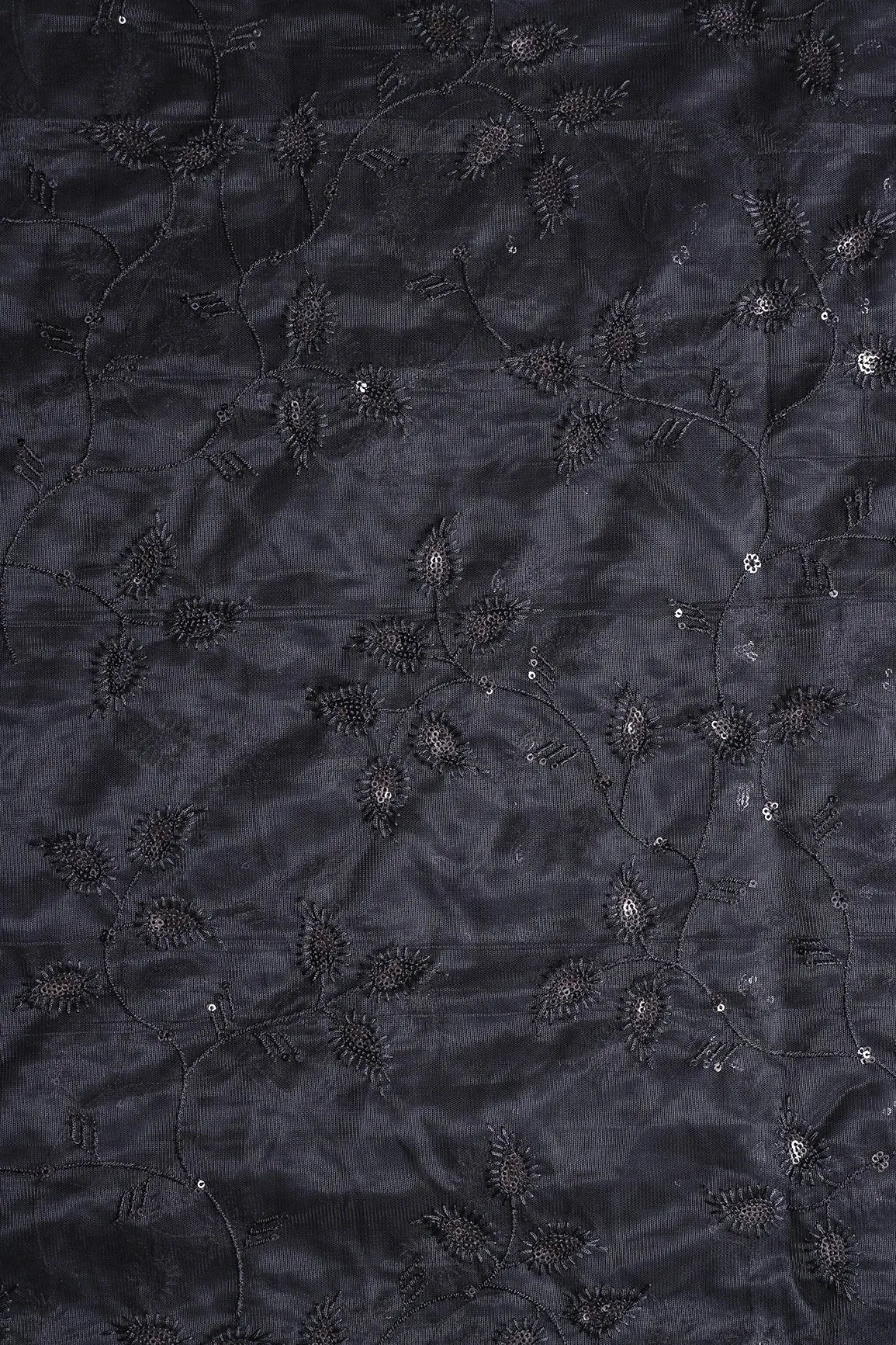 Black Thread With Sequins Beautiful Leafy Embroidery On Black Soft Net Fabric