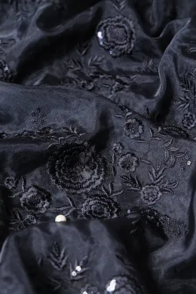 Black Thread With Water Sequins Floral Embroidery Work On Black Organza Fabric