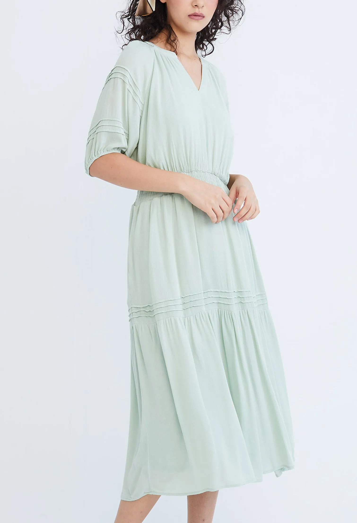 Cinched Waist Balloon Pleat Sleeve Dress