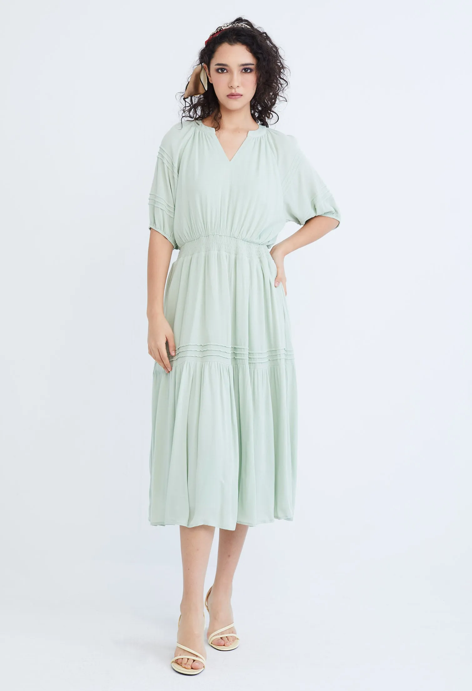 Cinched Waist Balloon Pleat Sleeve Dress