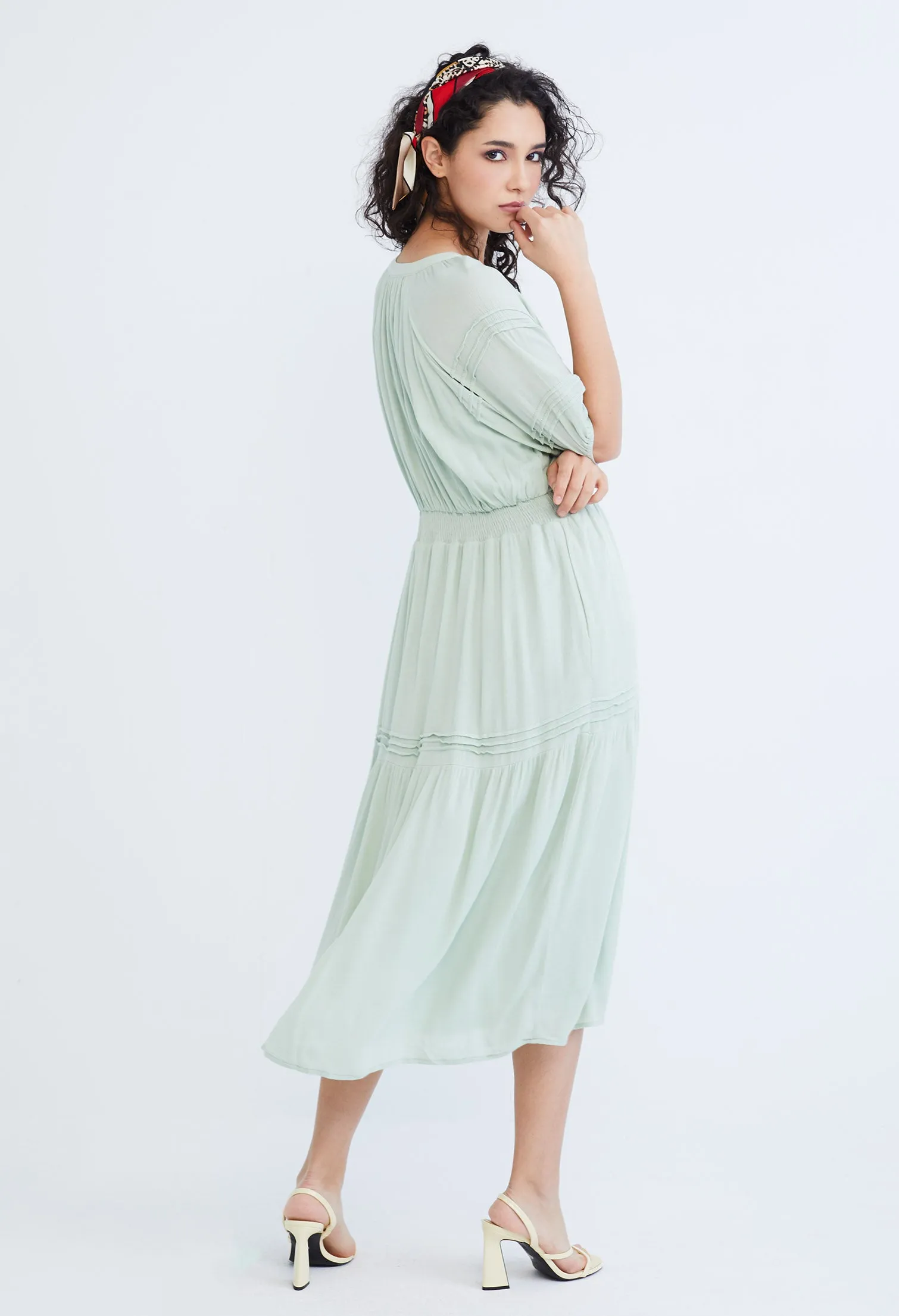 Cinched Waist Balloon Pleat Sleeve Dress