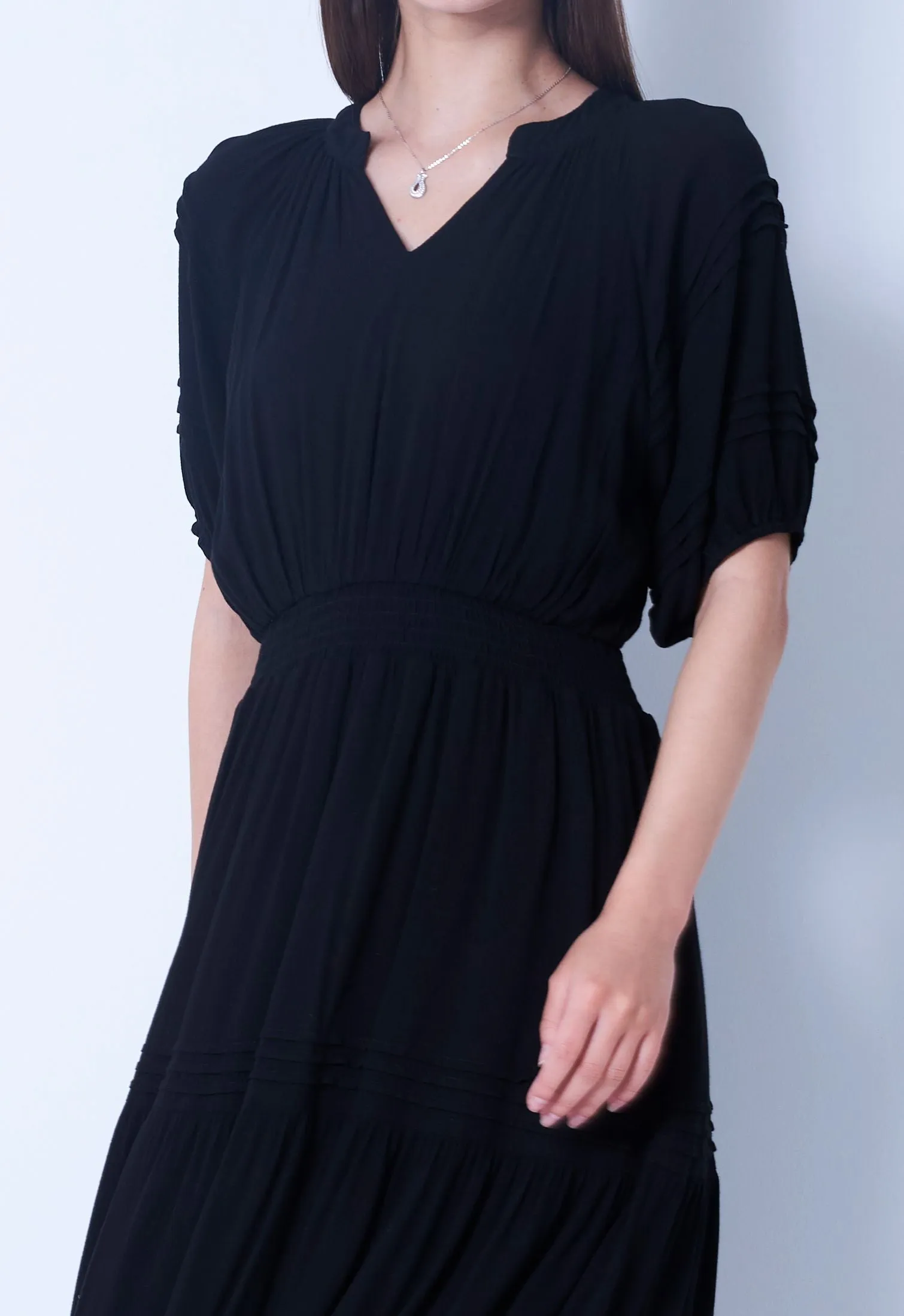 Cinched Waist Balloon Pleat Sleeve Dress