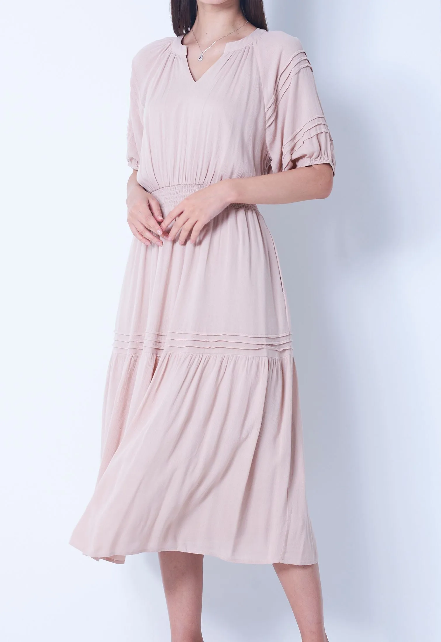 Cinched Waist Balloon Pleat Sleeve Dress