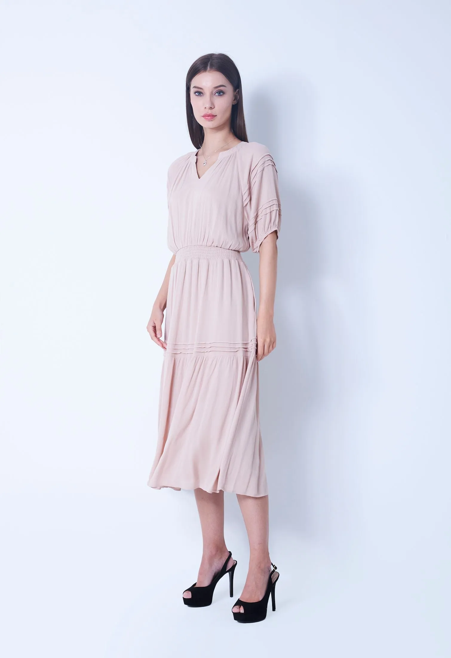 Cinched Waist Balloon Pleat Sleeve Dress