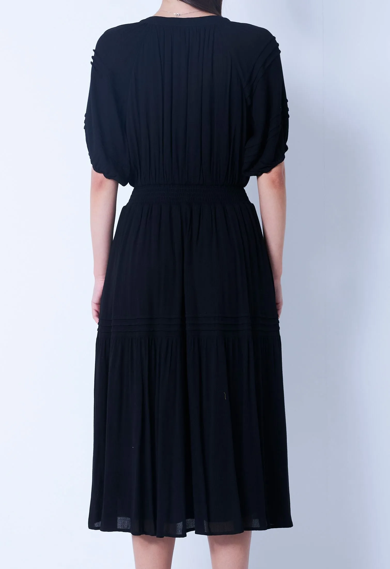 Cinched Waist Balloon Pleat Sleeve Dress