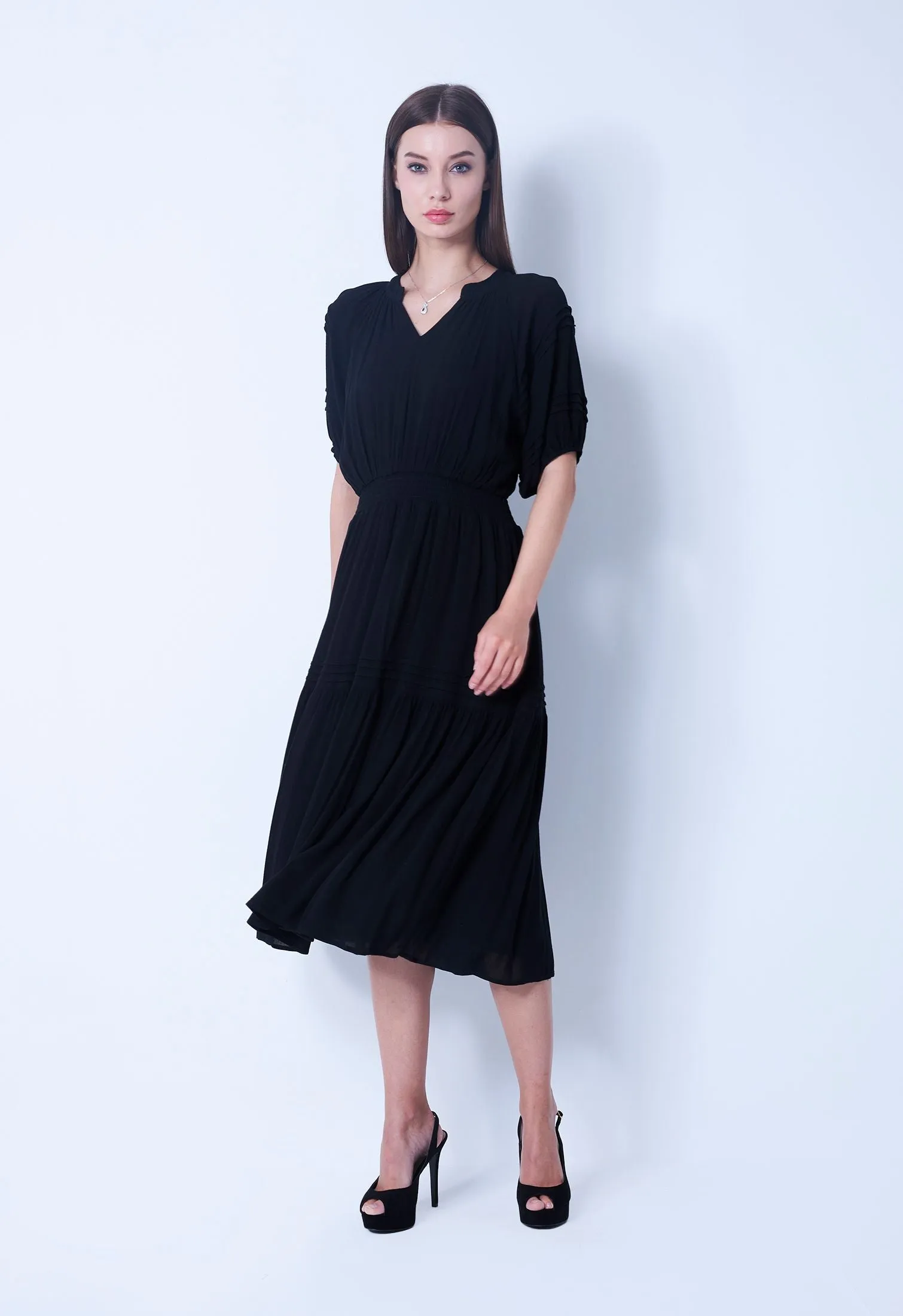 Cinched Waist Balloon Pleat Sleeve Dress