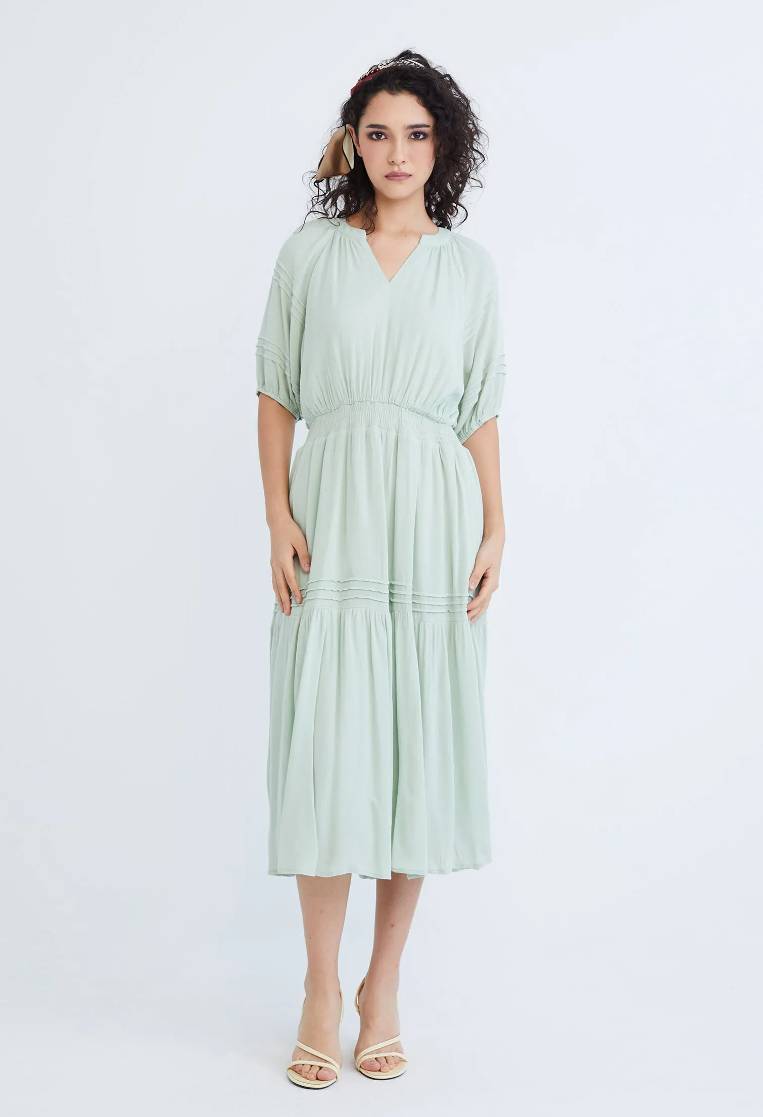 Cinched Waist Balloon Pleat Sleeve Dress