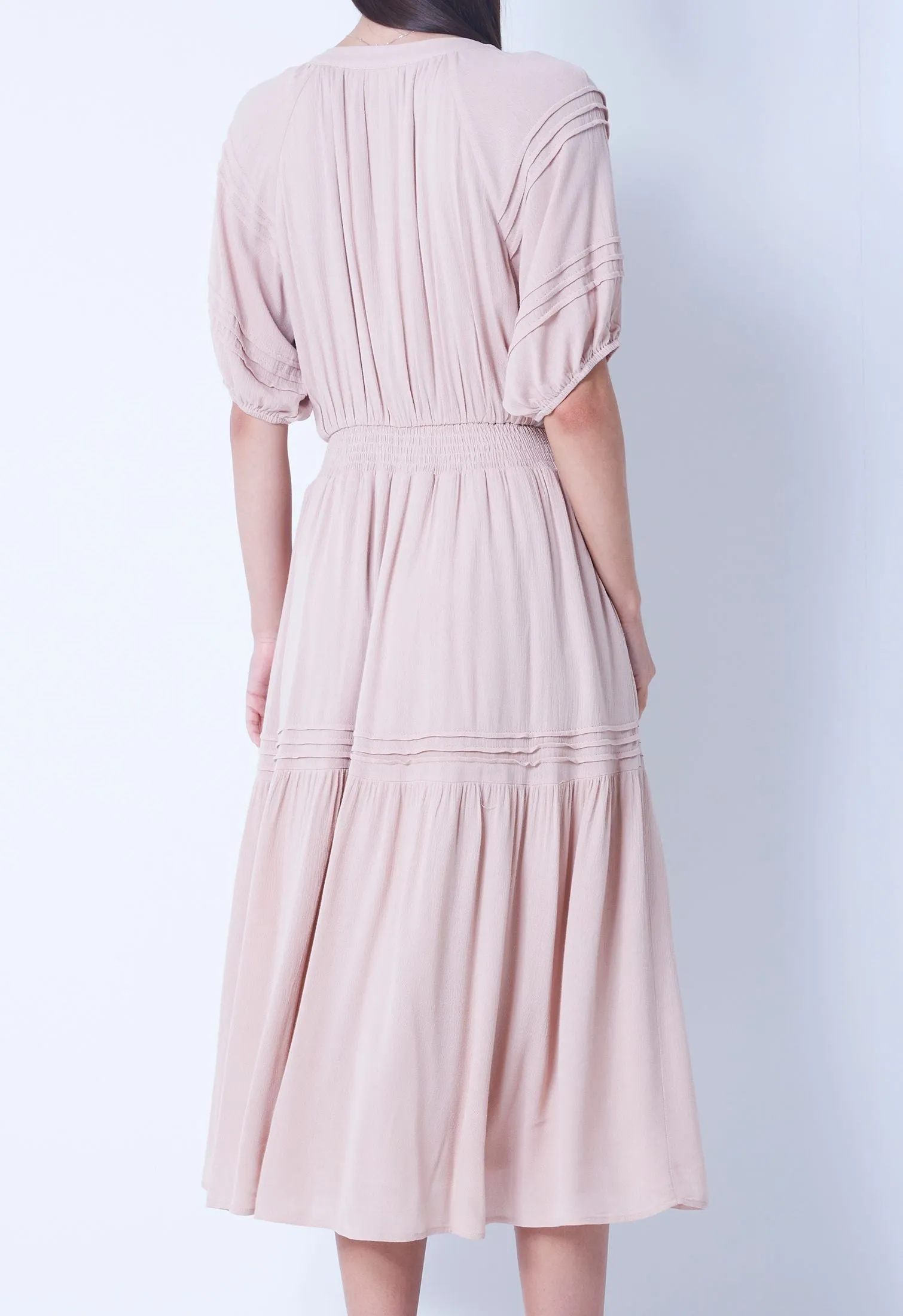 Cinched Waist Balloon Pleat Sleeve Dress