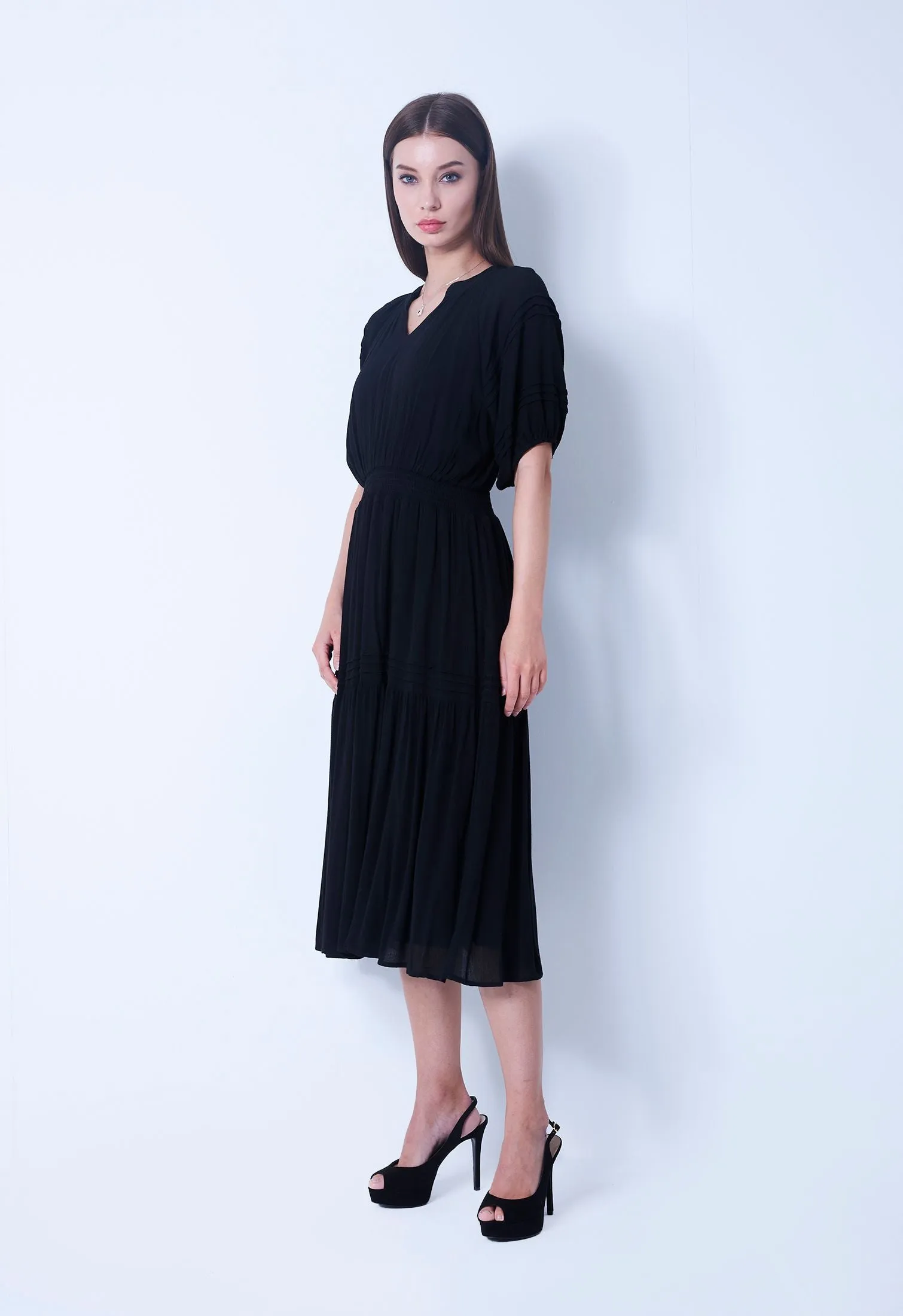 Cinched Waist Balloon Pleat Sleeve Dress