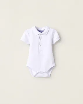 Cotton Polo-Bodysuit for Newborn Boys, White