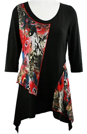 Creation - Red Peacock Feathers, Asymmetric Hem Geometric Print Tunic Top