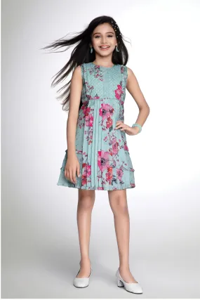 Dark Pista Green Thread work with Floral Print Knee Length Casual Frock for Girls