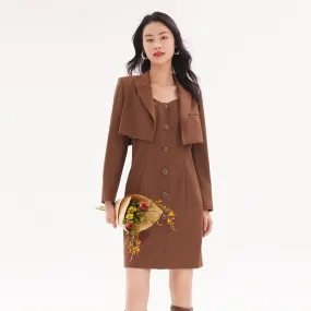 Detachable Bowknot Blazer And Midi Work Dress Two-Piece Suit