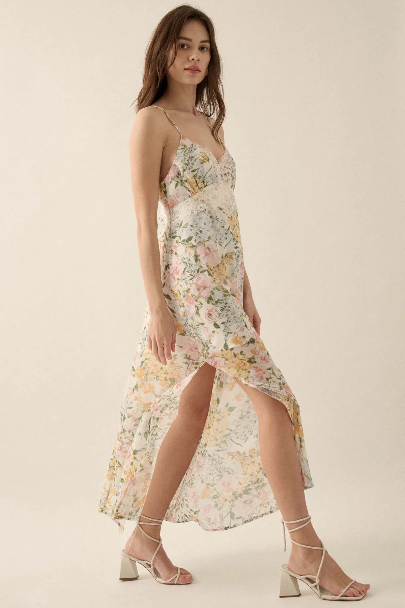 Dew Kissed Lace-Trimmed Floral Chiffon Slip Dress